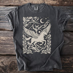 Dark grey t-shirt with a cream graphic of a winged horse and rider.