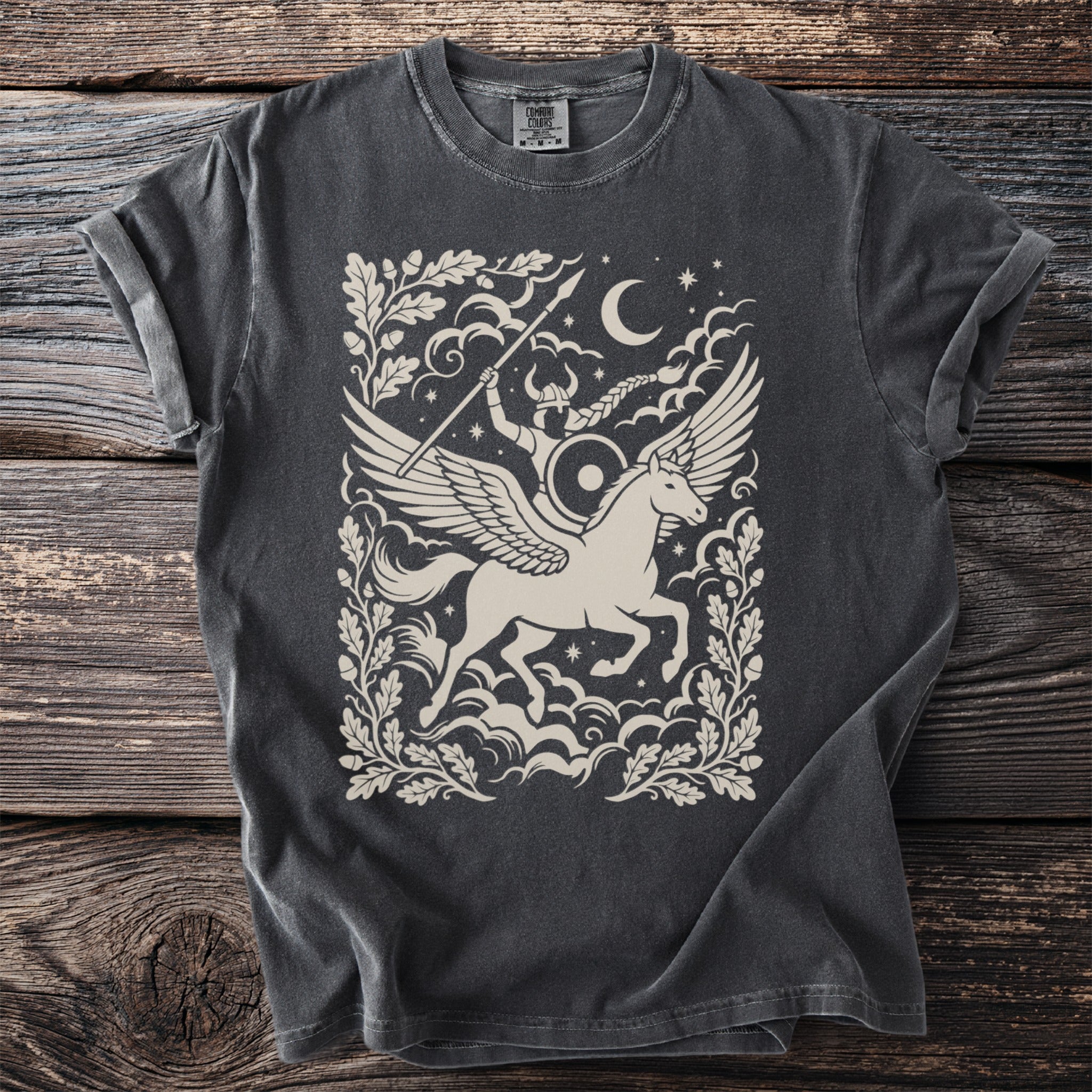 Dark grey t-shirt with a cream graphic of a winged horse and rider.
