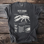Dark grey t-shirt with illustration of Yeti Crab, its features labeled.
