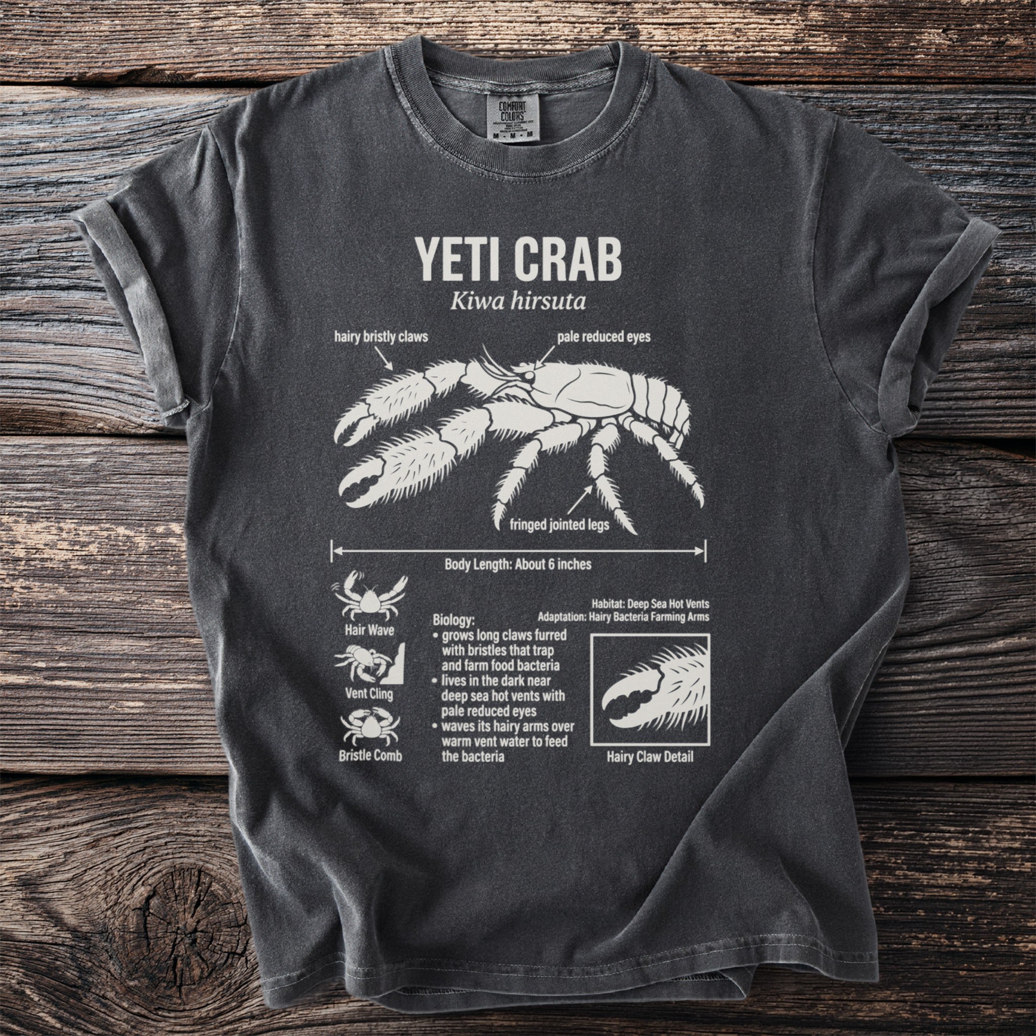 Dark grey t-shirt with illustration of Yeti Crab, its features labeled.