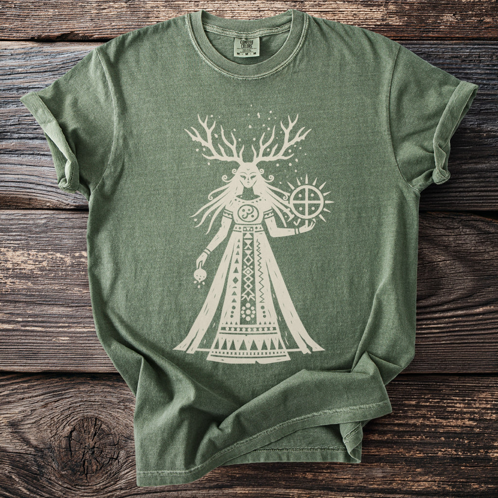 Green t-shirt with white graphic of a regal figure holding a sun symbol and a skull.
