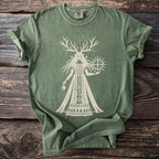 Green t-shirt with white graphic of a regal figure holding a sun symbol and a skull.