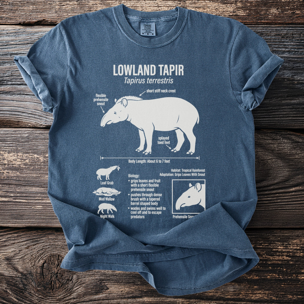 Lowland Tapir illustration with biological facts and adaptations on a blue t-shirt.