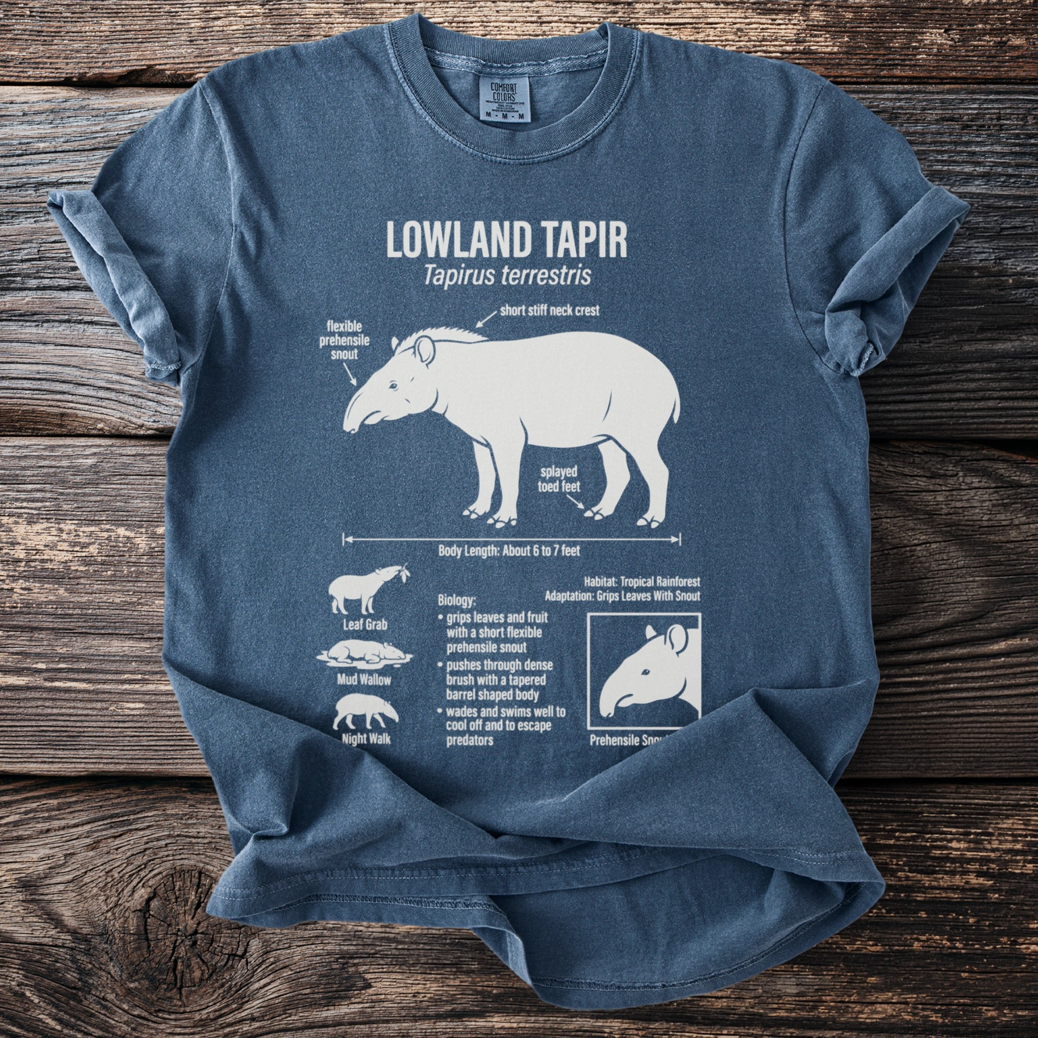 Lowland Tapir illustration with biological facts and adaptations on a blue t-shirt.