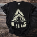 Black t-shirt with a graphic of five figures in front of a church.