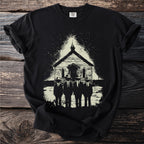 Black t-shirt with a graphic of five figures in front of a church.