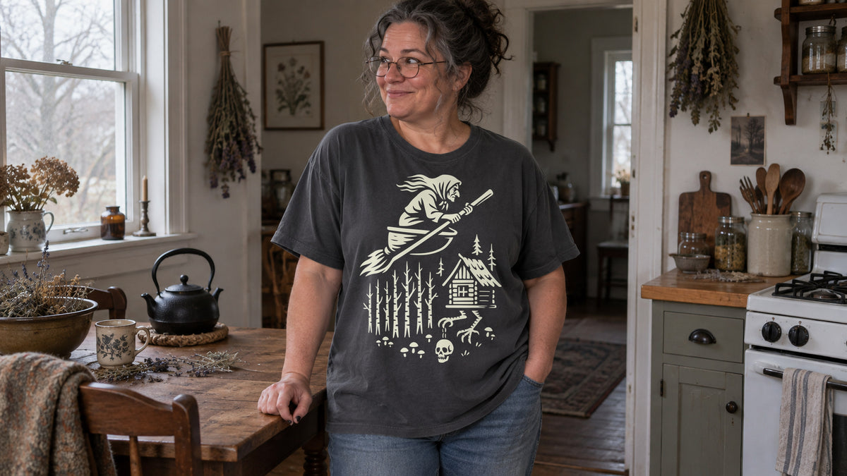 Woman in a kitchen wearing a charcoal T-shirt with Baba Yaga flying over birch trees and a hut.