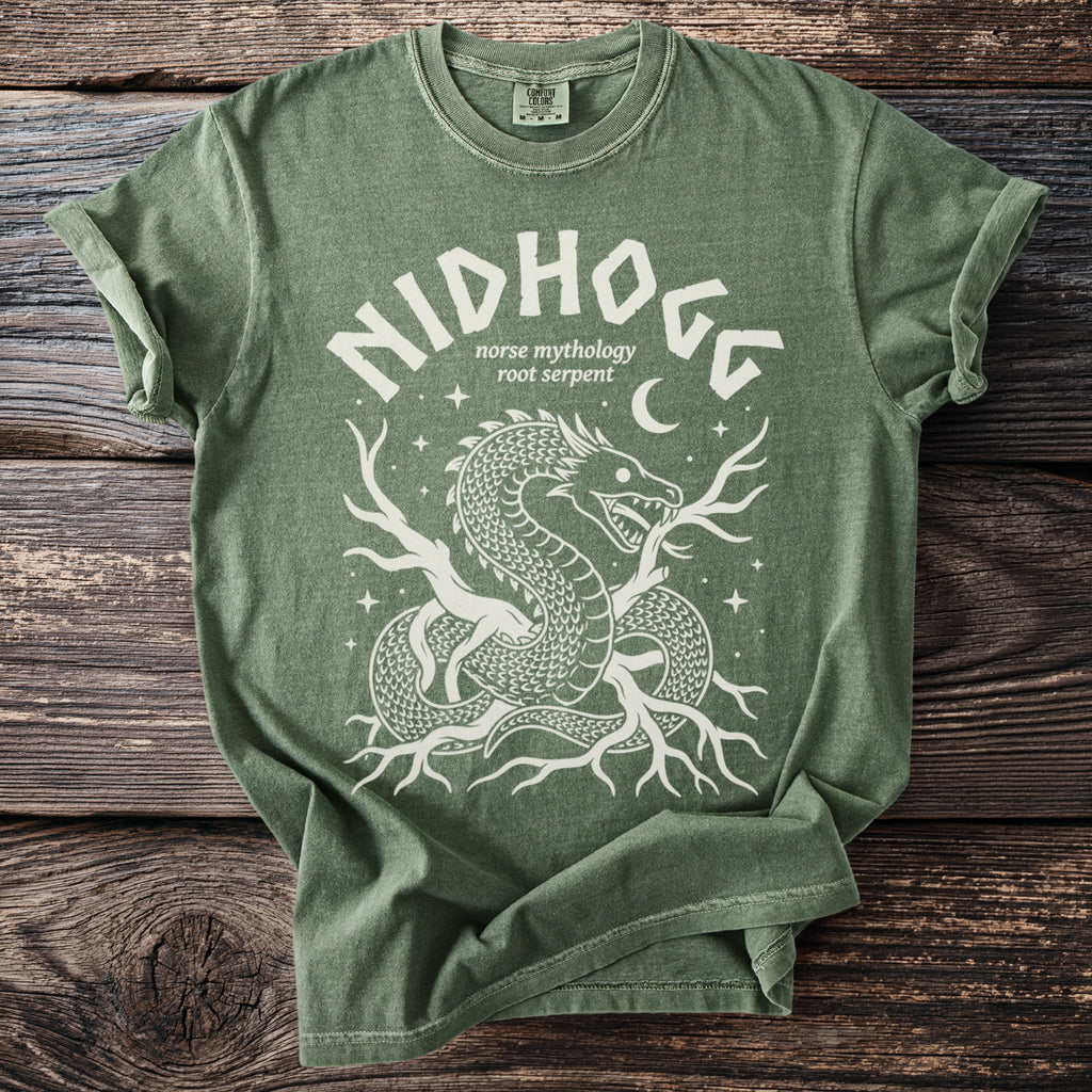 Green t-shirt with white graphic of Nidhogg, the Norse mythology root serpent.