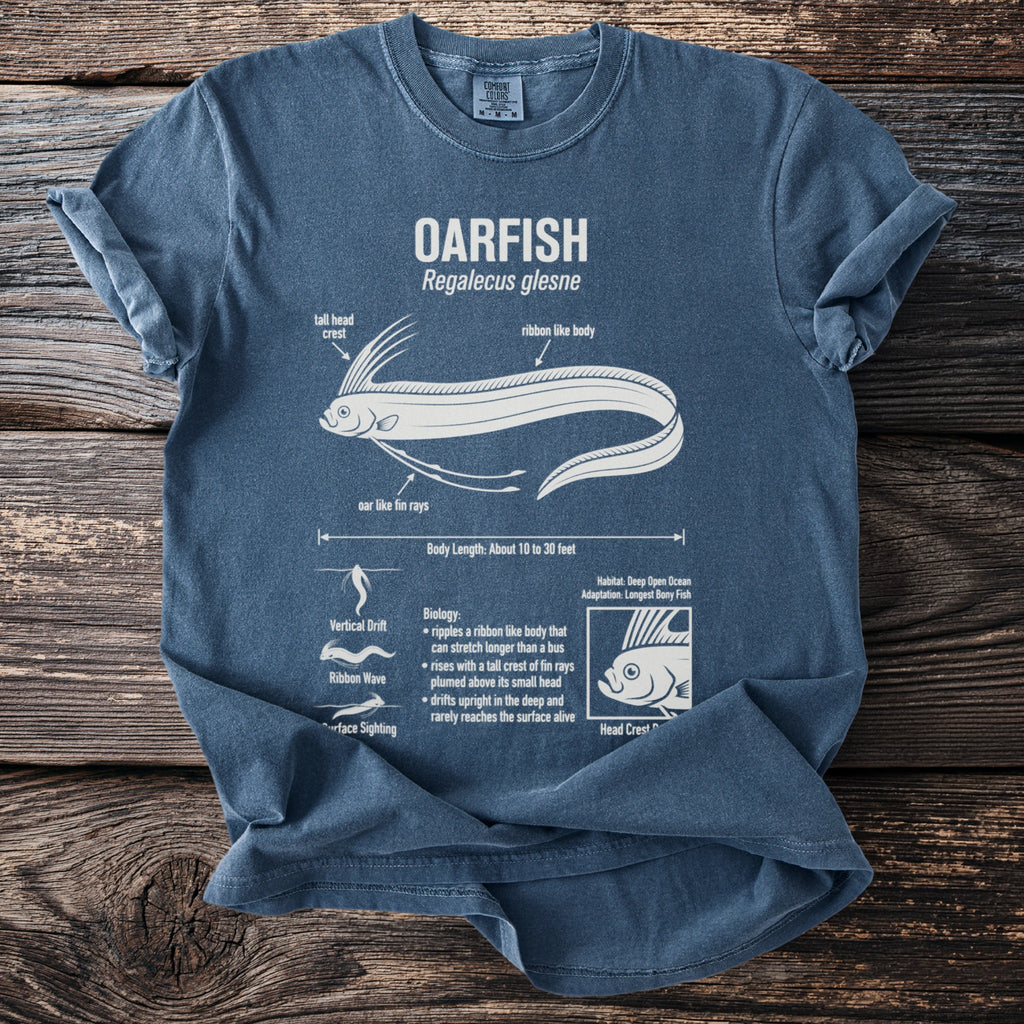 Shirt with OARFISH diagram, scientific name, and biological details.