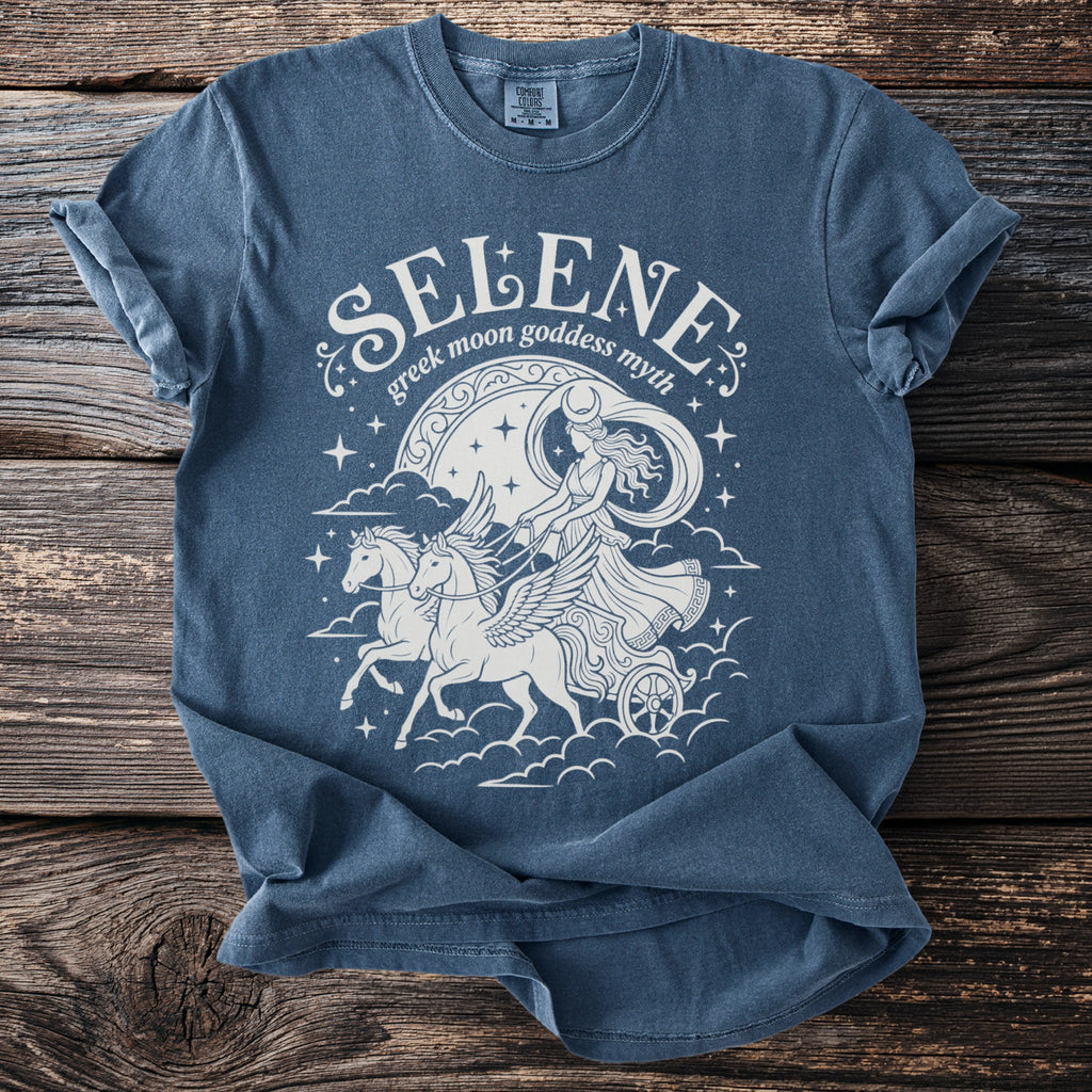 T-shirt with "Selene Greek moon goddess myth" and chariot illustration.