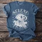 T-shirt with "Selene Greek moon goddess myth" and chariot illustration.