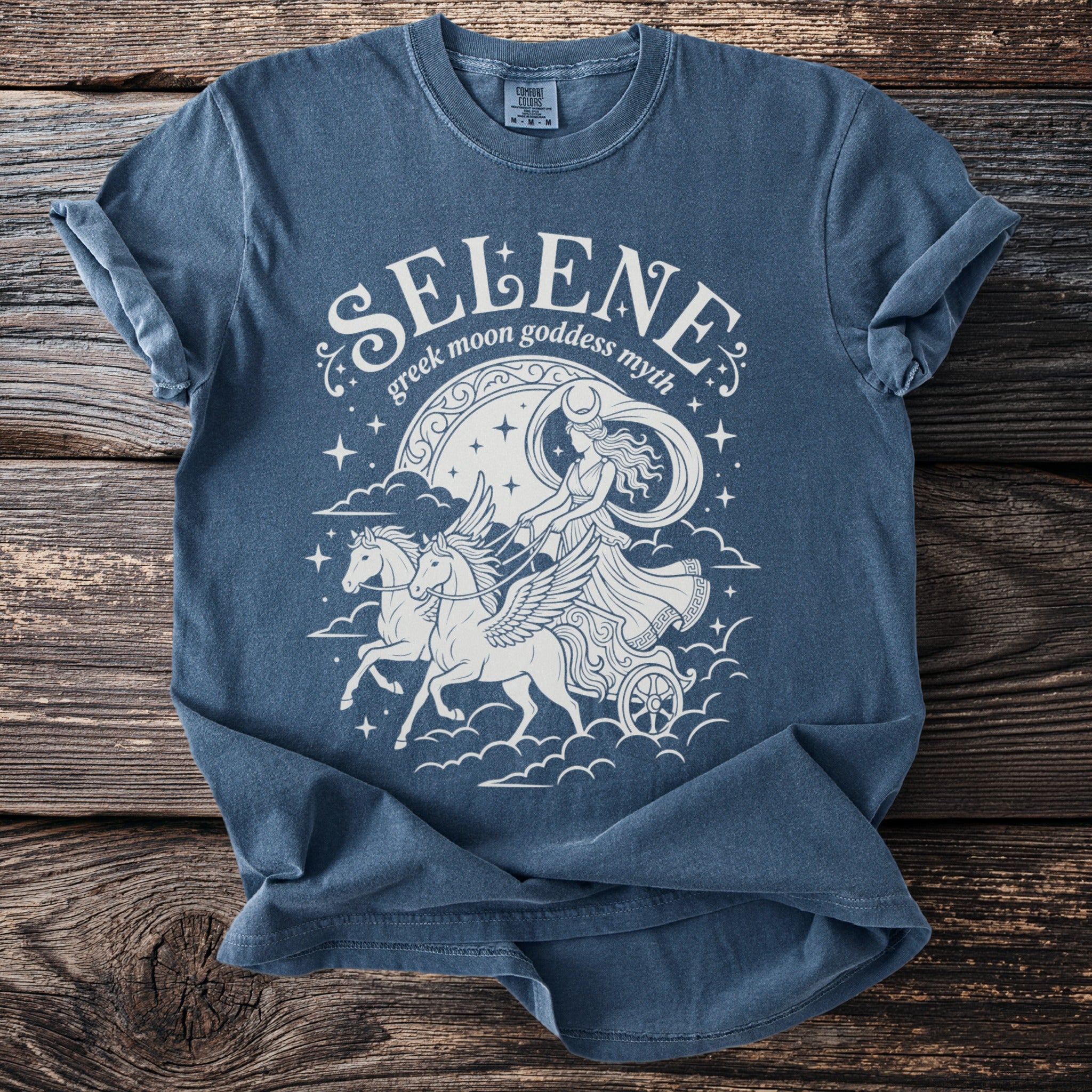 T-shirt with "Selene Greek moon goddess myth" and chariot illustration.