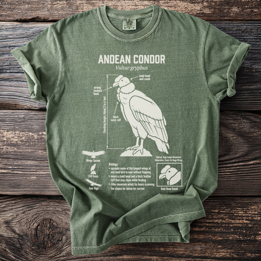 Green t-shirt featuring an illustrated Andean Condor with biological details.