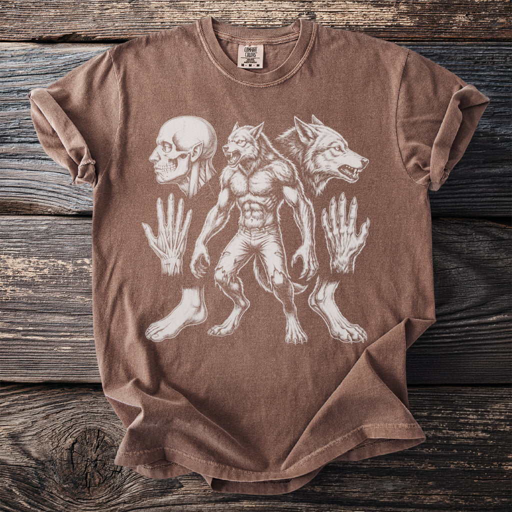 Brown t-shirt with werewolf anatomical diagrams and Comfort Colors tag.