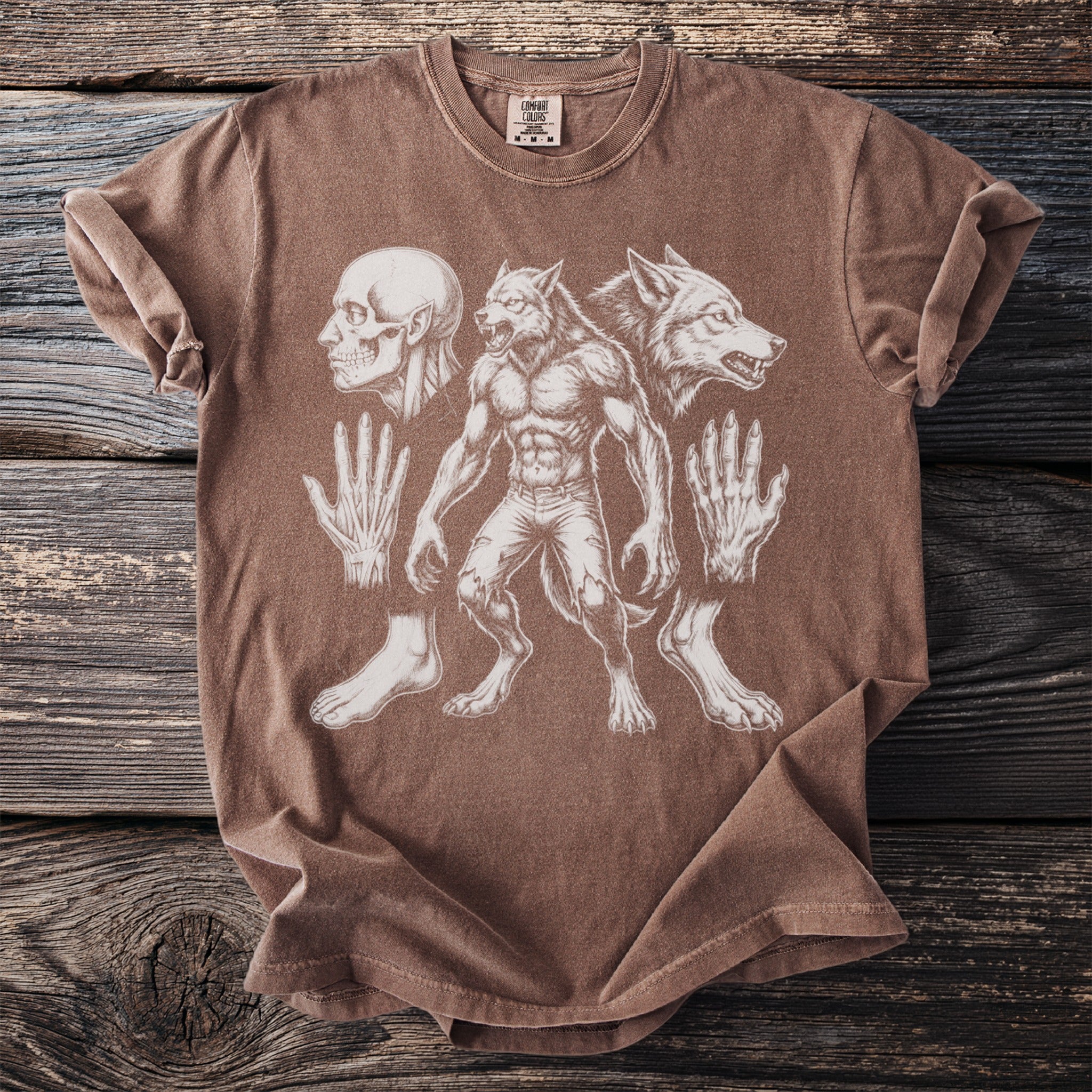 Brown t-shirt with werewolf anatomical diagrams and Comfort Colors tag.