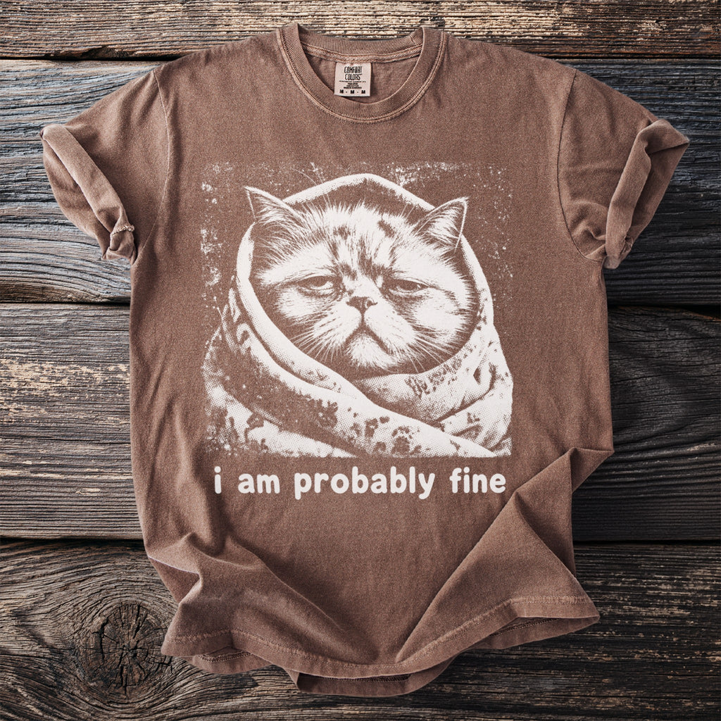 Brown t-shirt with a white graphic of a cat wrapped in a blanket, text reads "i am probably fine".