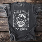 Gray t-shirt with white text "girls will be girls" and a spider graphic.