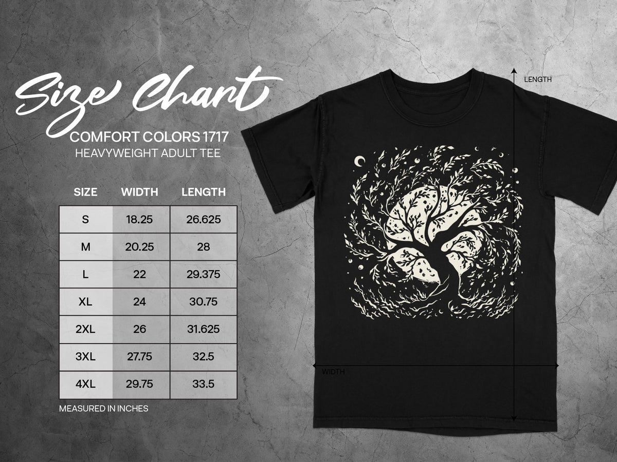 Comfort Colors 1717 heavyweight adult tee size chart with width and length measurements.