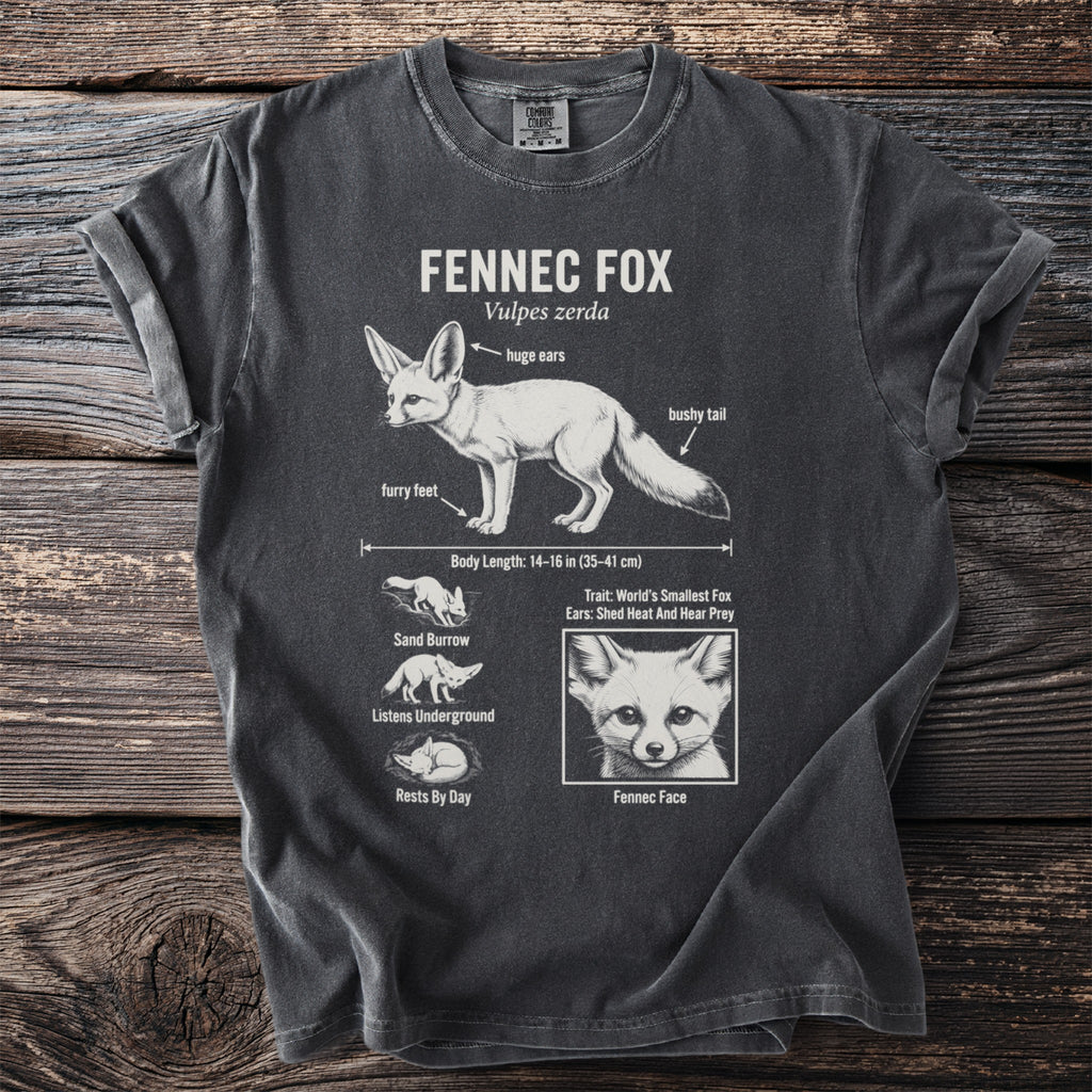 Fennec fox anatomy and traits diagram on a dark grey t-shirt.