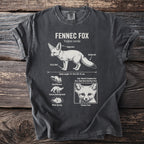 Fennec fox anatomy and traits diagram on a dark grey t-shirt.