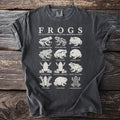 T-shirt with "FROGS AN ILLUSTRATED STUDY OF THE AMPHIBIAN WORLD" and drawings of various frogs.