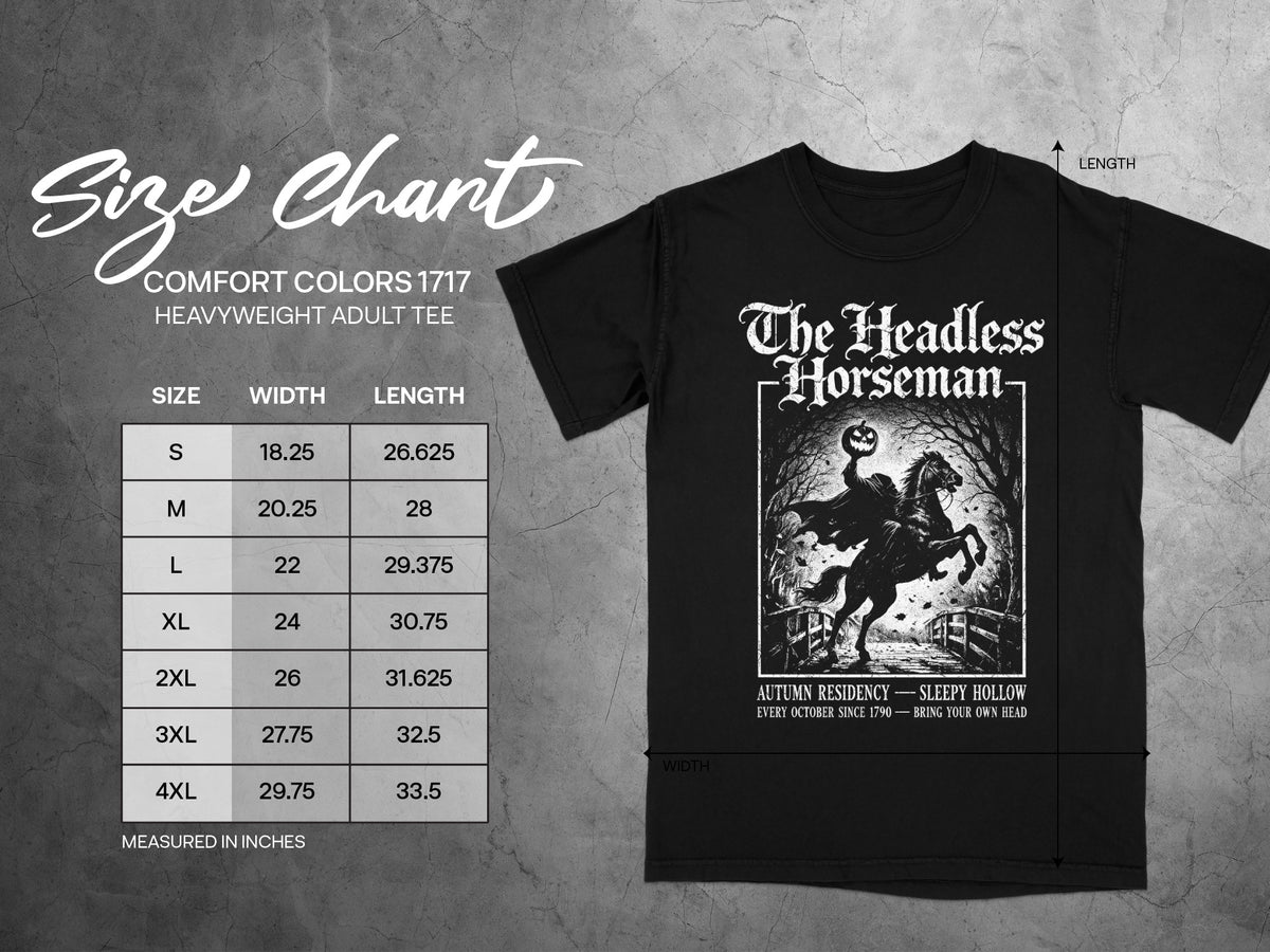 Comfort Colors 1717 heavyweight adult tee size chart with The Headless Horseman graphic.