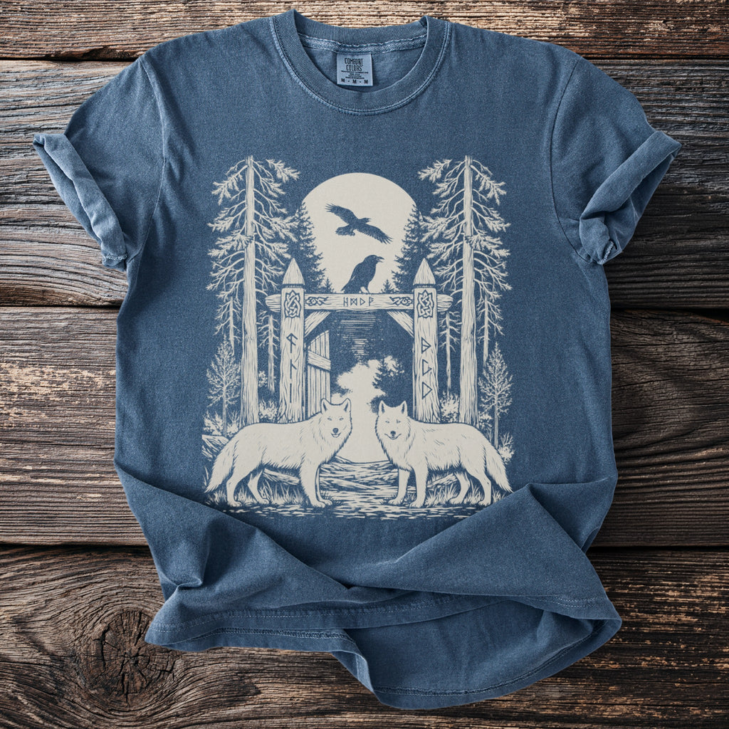 Blue t-shirt with graphic of two wolves, a Norse gate, and ravens under the moon.