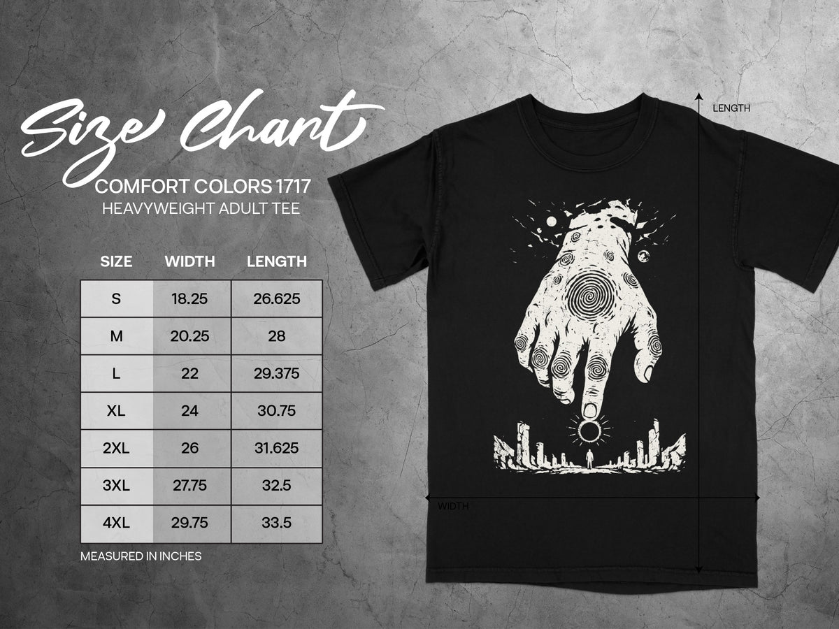 Comfort Colors 1717 heavyweight adult tee size chart with width and length measurements.
