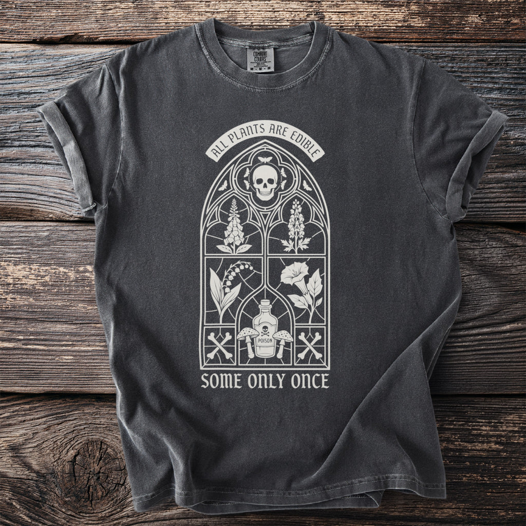 Dark t-shirt with gothic window design featuring a skull, plants, and poison.