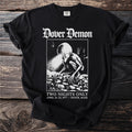Black t-shirt with Dover Demon artwork and text: "TWO NIGHTS ONLY APRIL 21-22, 1977 – DOVER, MASS."