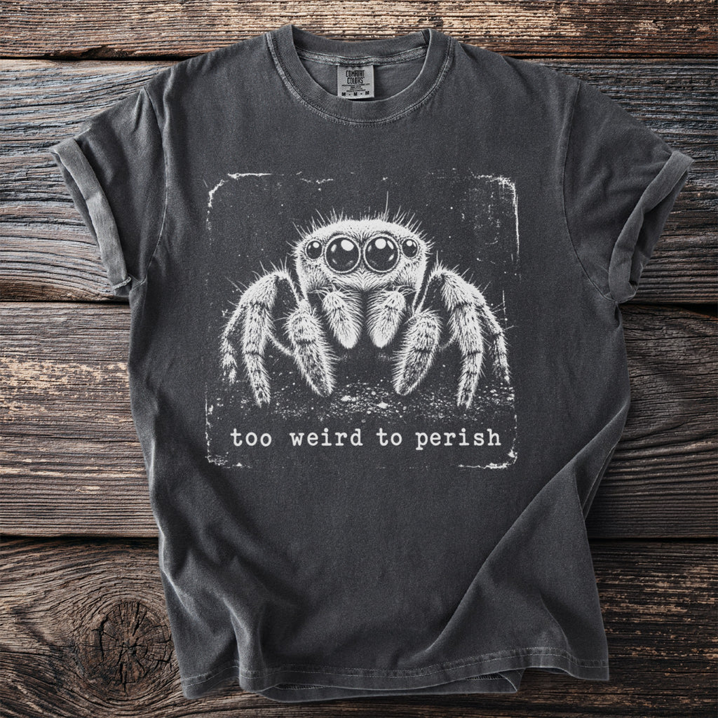 Gray t-shirt with a white graphic of a jumping spider and text: "too weird to perish".