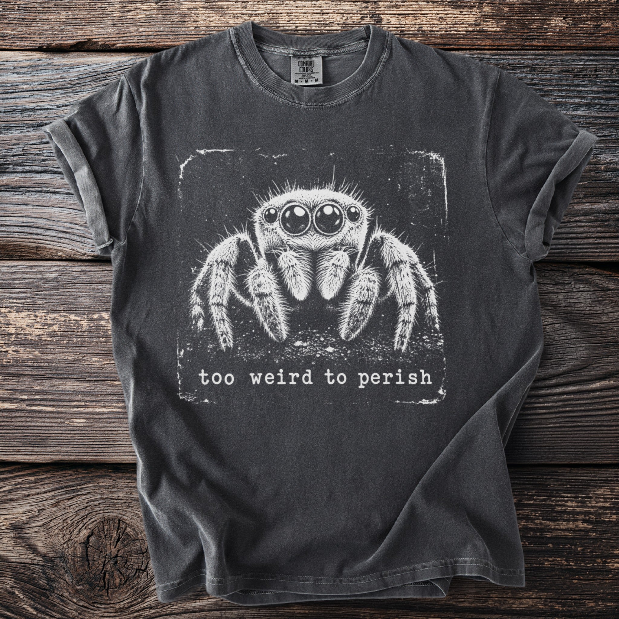 Gray t-shirt with a white graphic of a jumping spider and text: "too weird to perish".