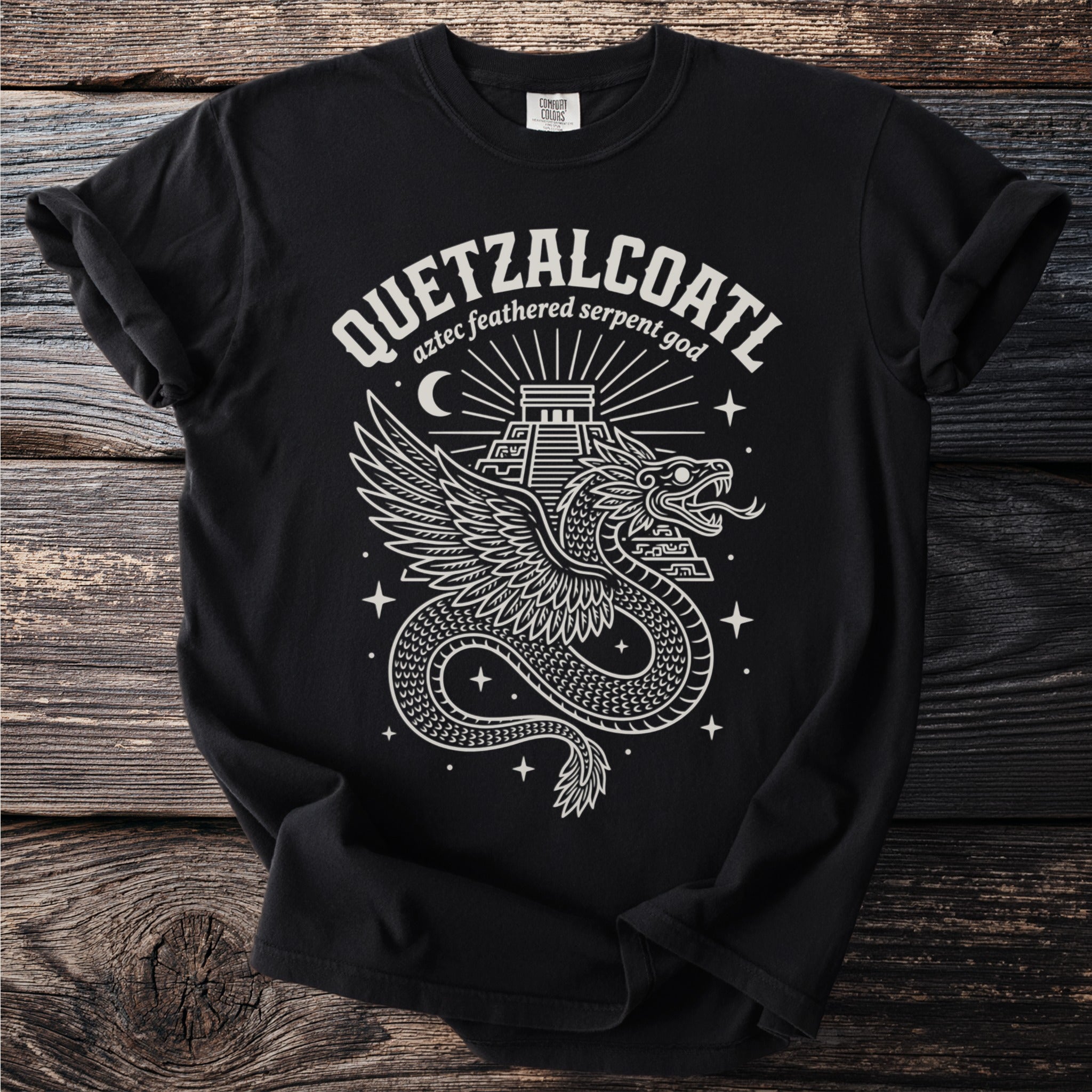 Black t-shirt with Quetzalcoatl, Aztec feathered serpent god, and pyramid design.