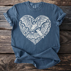Blue t-shirt with white heart design featuring two bats and ornate floral accents.