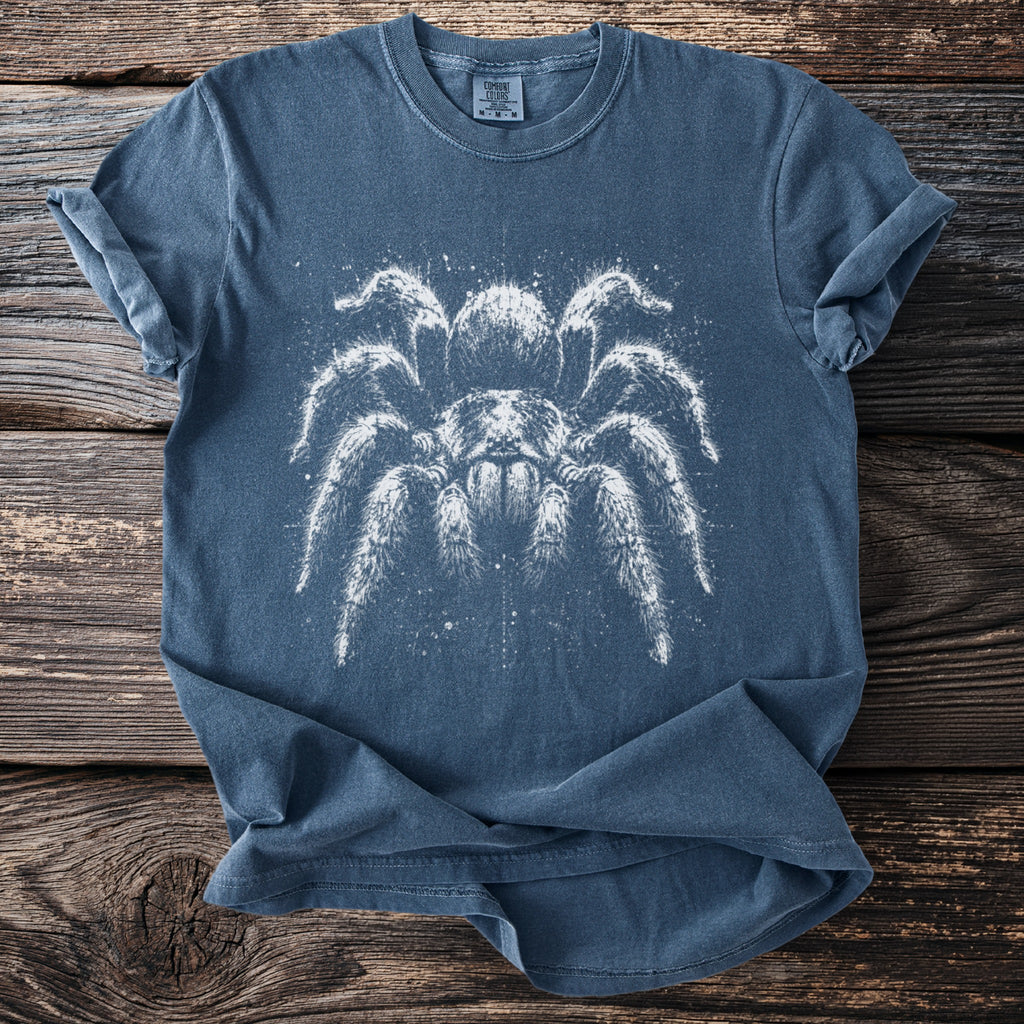 Blue t-shirt with white fuzzy tarantula graphic and "COMFORT COLORS" tag.