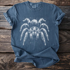Blue t-shirt with white fuzzy tarantula graphic and "COMFORT COLORS" tag.