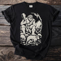 Cyclops holding a club, sitting with sheep, a ship, and a cave.