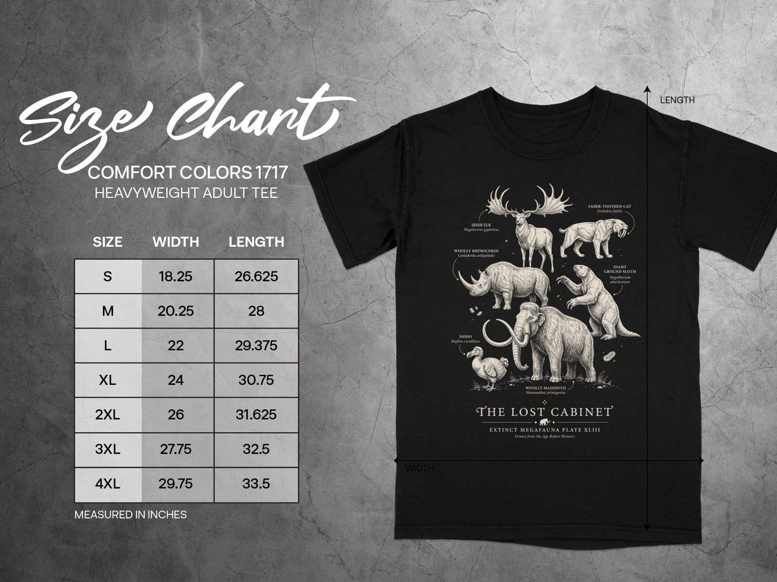 Black Comfort Colors 1717 heavyweight adult tee with size chart and extinct megafauna illustration.