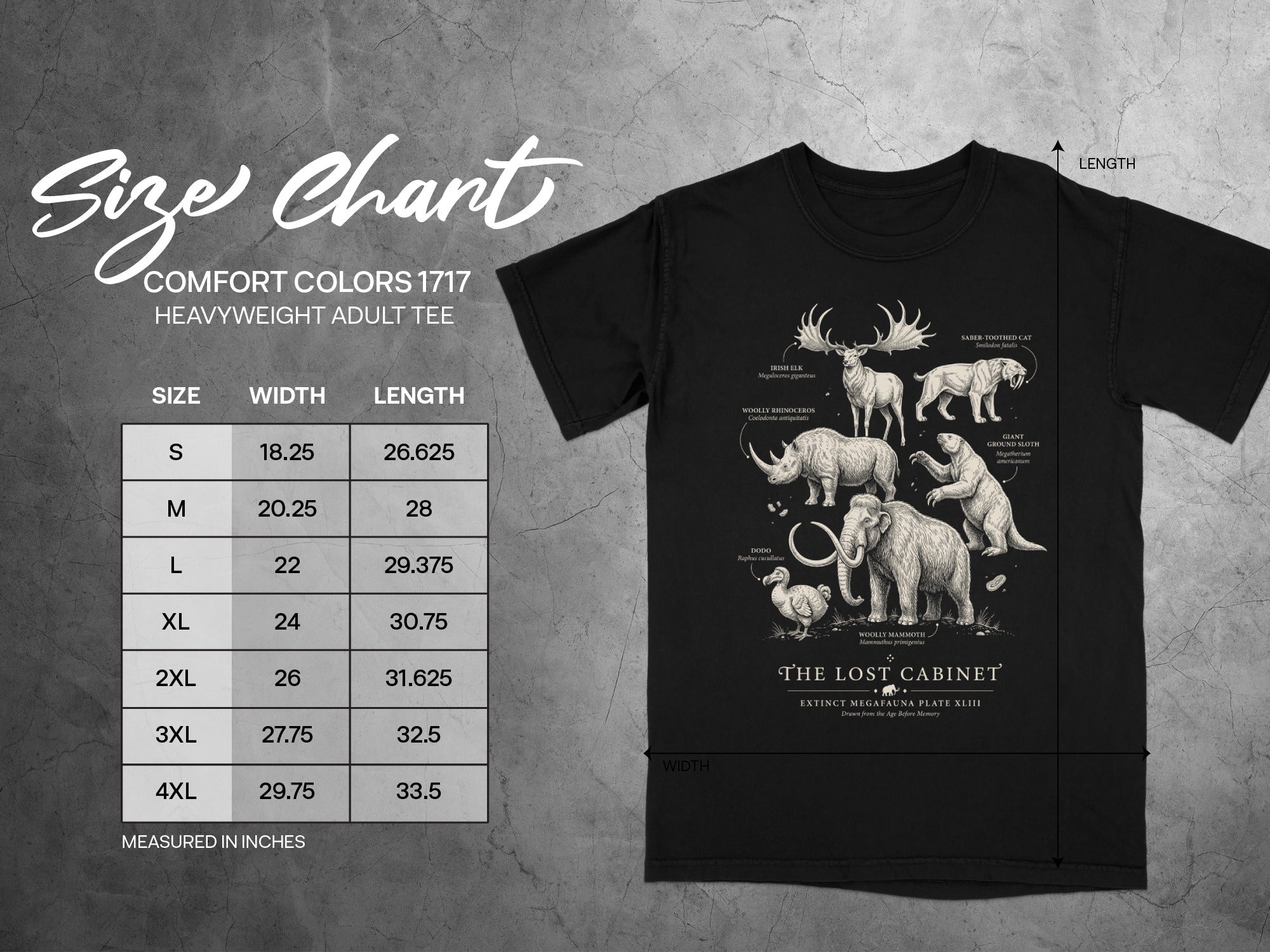 Black Comfort Colors 1717 heavyweight adult tee with size chart and extinct megafauna illustration.