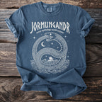 T-shirt with white "Jormungandr norse mythology world serpent" text and serpent graphic.