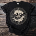 Black t-shirt featuring a circular design with a bear and salmon flanking a Celtic knot.