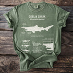 Green t-shirt with a diagram and text about the goblin shark.