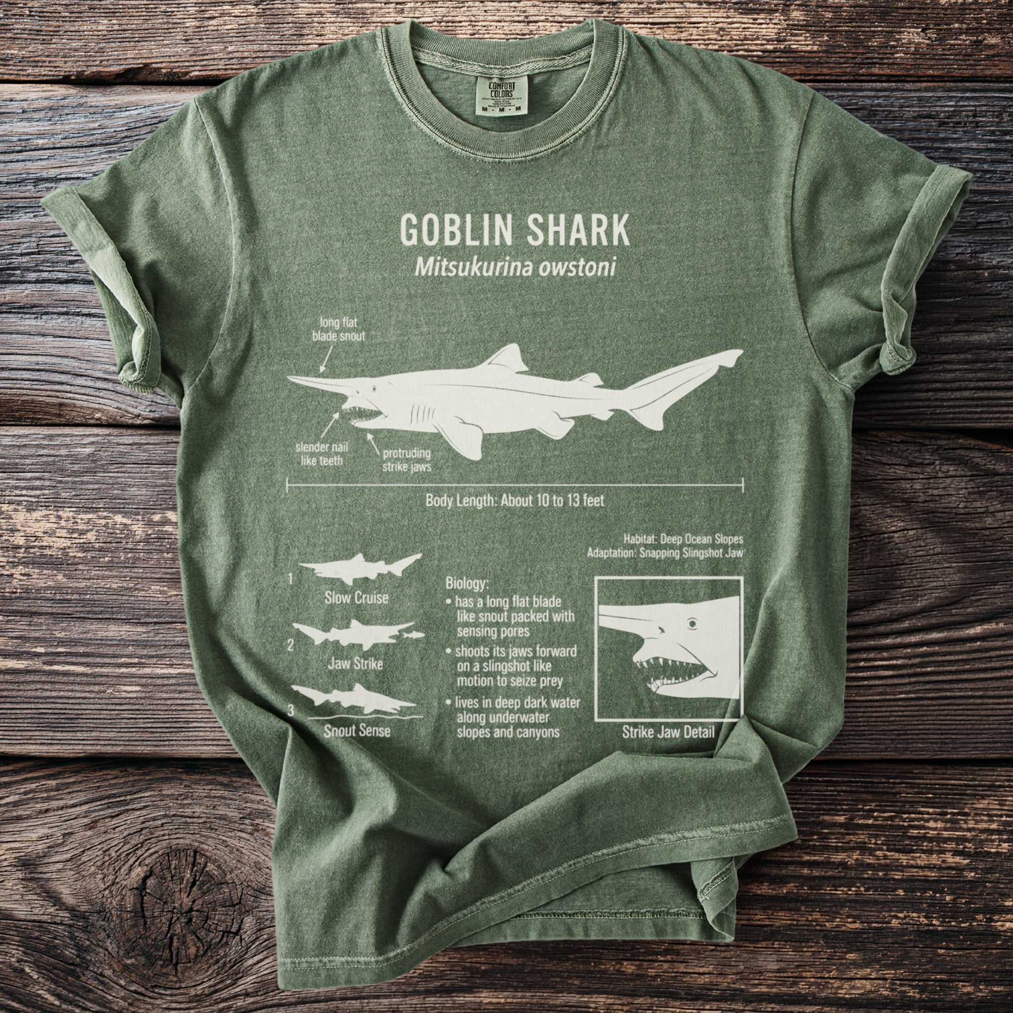 Green t-shirt with a diagram and text about the goblin shark.