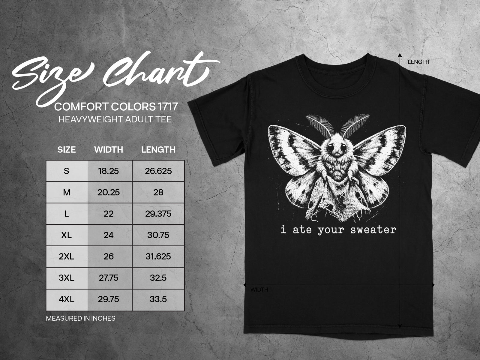 Black t-shirt with moth graphic and size chart for Comfort Colors heavyweight adult tee.
