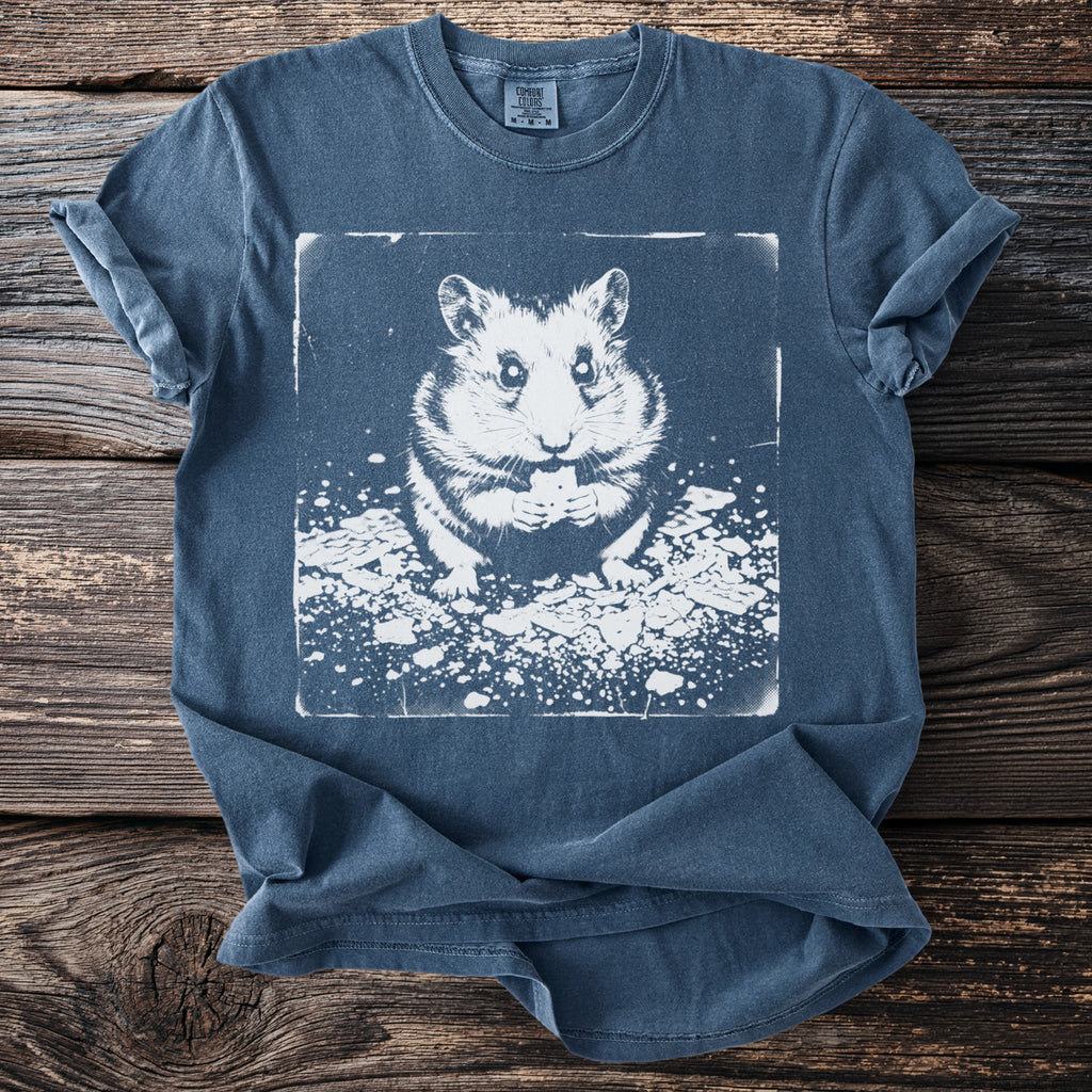Blue t-shirt with white screen print of a hamster eating a treat.