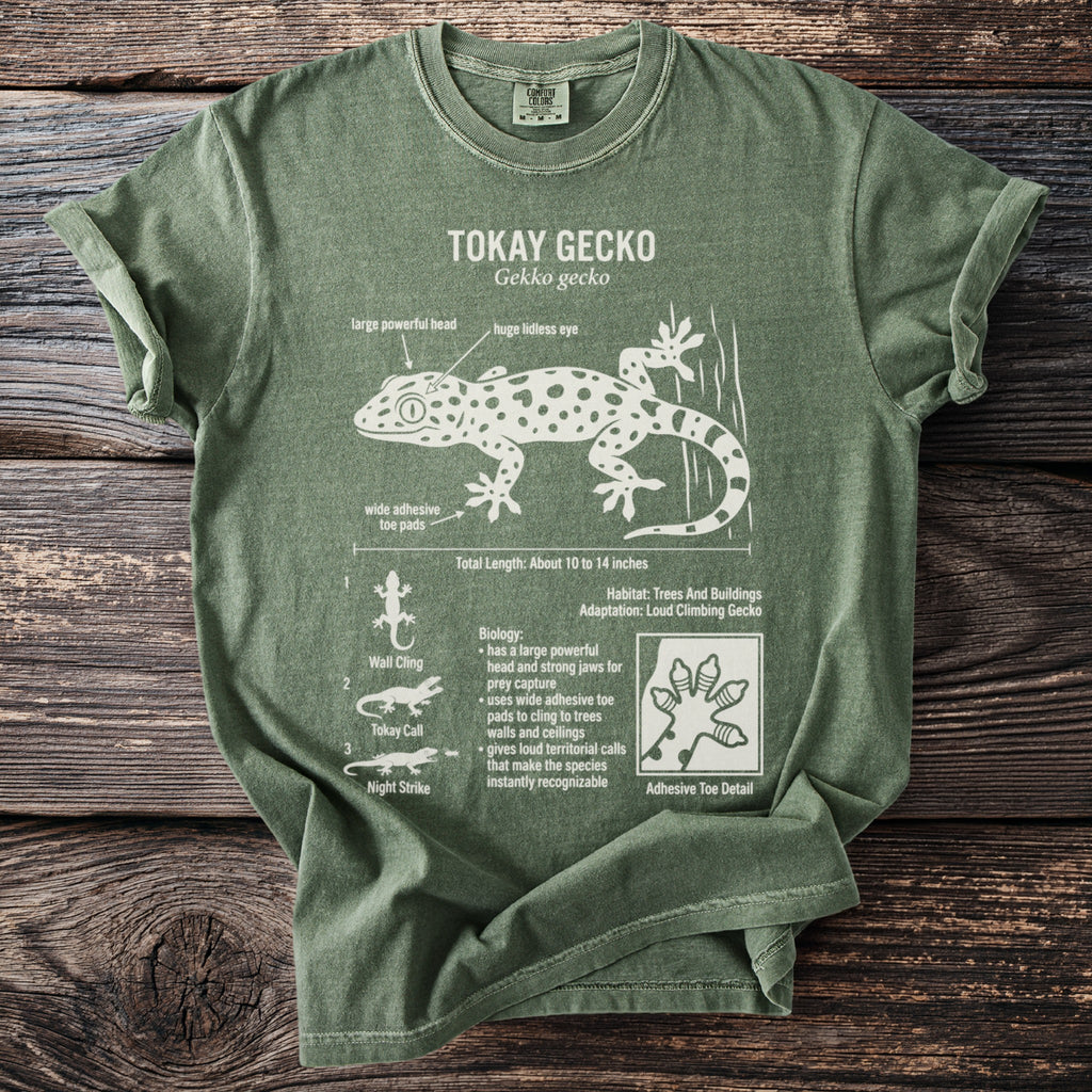 Green t-shirt with white Tokay gecko diagram, biology, and habitat details.