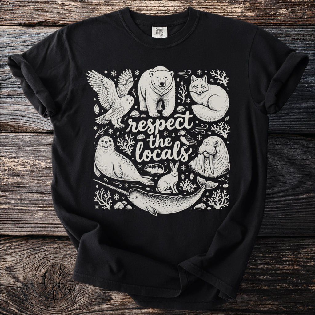 Black t-shirt with white illustration of arctic animals and 'respect the locals' text.