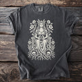 Dark gray t-shirt with a cream goddess illustration holding pomegranates, surrounded by flowers, roots, and skulls.