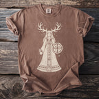 Brown t-shirt with a graphic of a woman with antlers holding a shield.