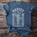 Bastet Egyptian mythology cat goddess print on blue t-shirt.